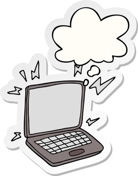 cartoon laptop computer and thought bubble as a printed sticker