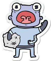 sticker of a cartoon weird alien communicating