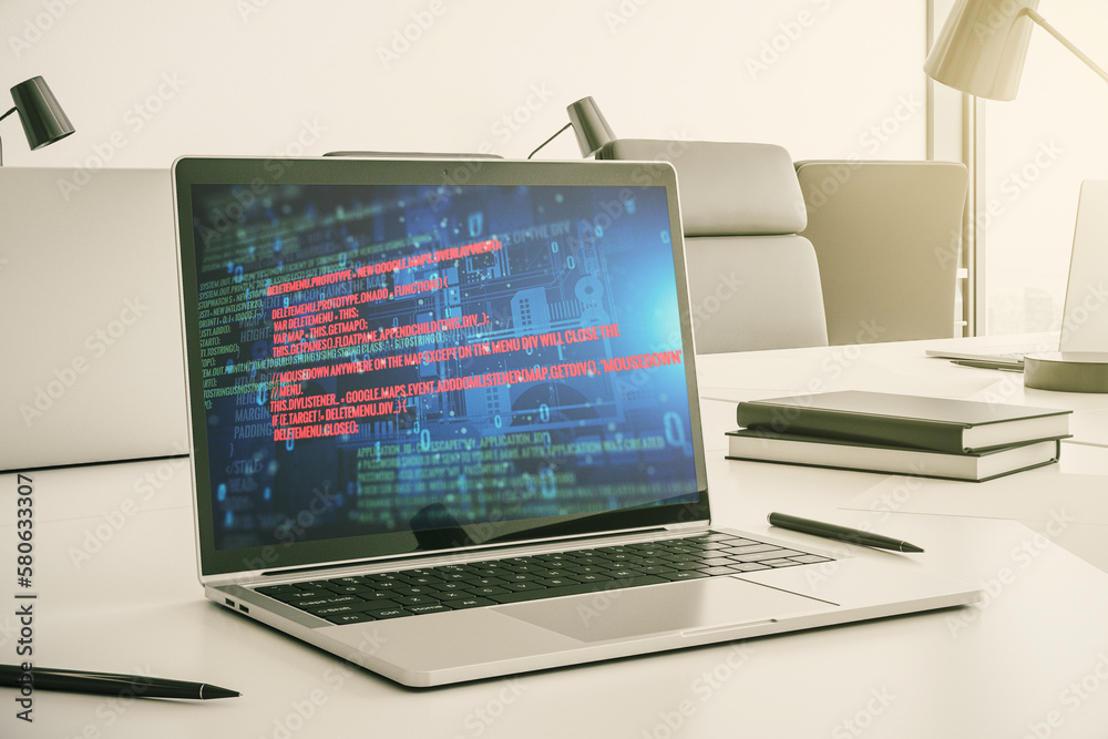 Poster abstract creative coding illustration on modern computer monitor, software development concept. 3d r