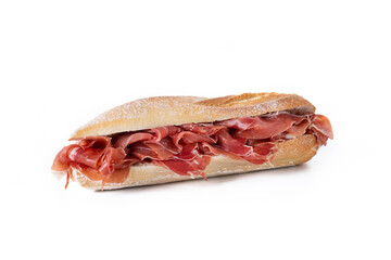 Spanish serrano ham sandwich isolated on white background