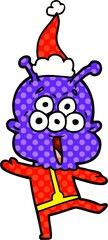happy comic book style illustration of a alien dancing wearing santa hat