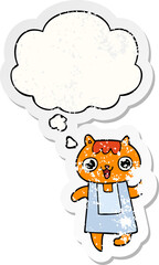 cartoon cat and thought bubble as a distressed worn sticker