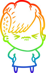 rainbow gradient line drawing cartoon annoyed hipster girl