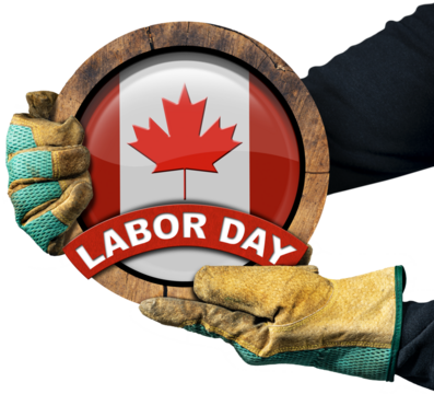 Canadian Labor Day Concept. Hands with protective work gloves holding a cross section of a tree trunk with the flag of Canada with text Labor day. Isolated on white or transparent background. Png.