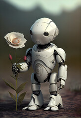 A romantic robot with a flower in his hand. AI Generated