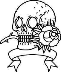 black linework tattoo with banner of a skull and rose