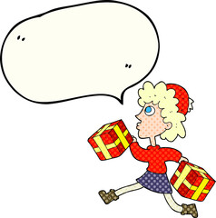 comic book speech bubble cartoon running woman with presents