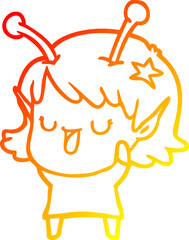 warm gradient line drawing happy alien girl cartoon laughing