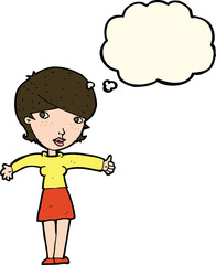 cartoon woman giving thumbs up symbol with thought bubble