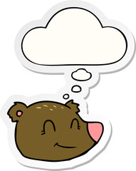 cartoon happy bear face and thought bubble as a printed sticker