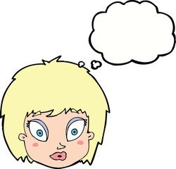 cartoon surprised female face with thought bubble