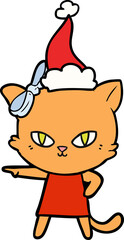 cute line drawing of a cat wearing dress wearing santa hat