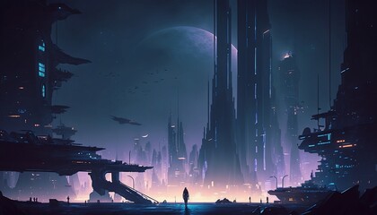 Obraz premium Illustration of a cityscape of a futuristic city in high contrast, by a generative ia