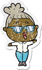 distressed sticker of a cartoon happy woman wearing spectacles