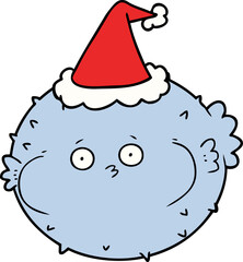 line drawing of a puffer fish wearing santa hat