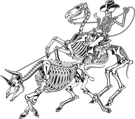 Skeleton cowboy on skeleton horse catching skeleton bull with lasso