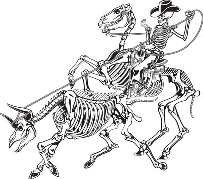 Skeleton cowboy on skeleton horse catching skeleton bull with lasso