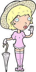 cartoon woman in summer hat waving