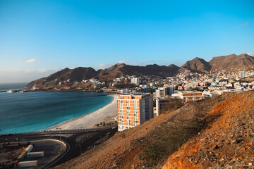 Fototapeta premium Mindelo is a vibrant port city located on the island of São Vicente in Cabo Verde. Known for its colorful colonial buildings, lively music scene, and stunning beaches, Mindelo is a destination.