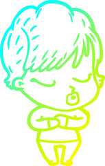 cold gradient line drawing cartoon woman with eyes shut