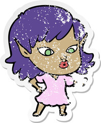 distressed sticker of a pretty cartoon elf girl