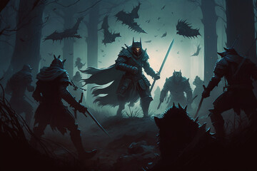 Fantasy Battle | A fierce battle scene between a group of knights and a pack of werewolves in a dense forest.  style is gritty with a dark color palette and intense lighting to enhance the tension. Ai