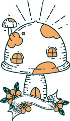 banner with tattoo style toadstool house