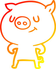 warm gradient line drawing happy cartoon pig
