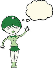 cartoon vampire girl waving with thought bubble