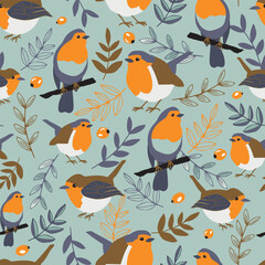 Blue Robin birds background pattern. Cute little red robin birds pattern with trees and rosehips.