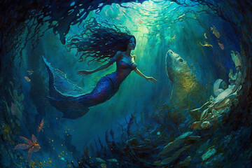 Underwater Fantasy | A fantastical underwater world with mermaid, sea creatures. swimming through the ocean, capturing the beauty and mystery of the underwater world , dreamlike quality . Ai
