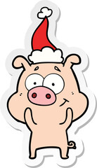 happy sticker cartoon of a pig wearing santa hat