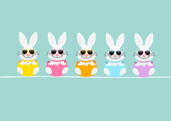 Karte 5 Weiße Osterhasen Sonnenbrille In Eierschale Sitzend Türkis