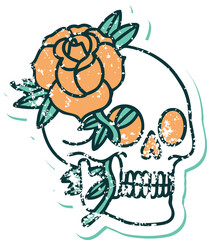 distressed sticker tattoo style icon of a skull and rose