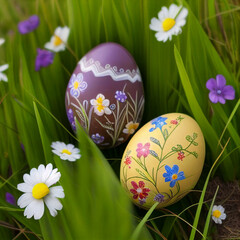 Easter eggs decorated with flowers in the grass AI generated