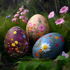 Fototapeta premium Easter eggs decorated with flowers in the grass AI generated