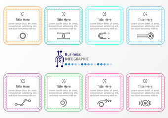 Obraz premium 8 steps infographics design template in simple style, can be used for business purpose, social media post and others, simple square with dash line and elements