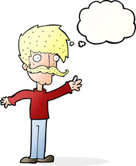 cartoon waving mustache man with thought bubble