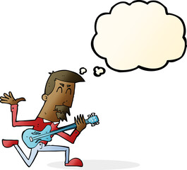 cartoon man playing electric guitar with thought bubble