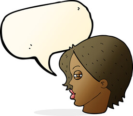 cartoon female face with narrowed eyes with speech bubble