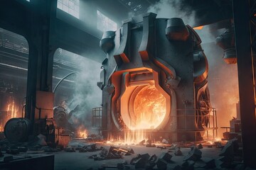 foundry with huge furnaces for melting metal foundry double exposure, created with generative ai