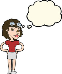 cartoon retro pilot woman with thought bubble