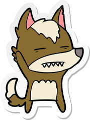 sticker of a cartoon wolf waving showing teeth
