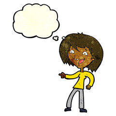 cartoon woman laughing and pointing with thought bubble