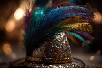 golden hat sprinkled with glittery confetti and big colorful feathers created with Generative AI technology