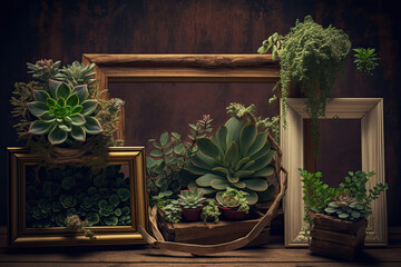 various succulents in clay pots decorate three empty picture frames
