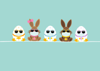 Sitzende Osterhasen Junge & Mädchen Mit 3 Ostereiern Maske Sonnenbrille Karte Türkis