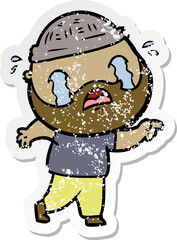 distressed sticker of a cartoon bearded man crying