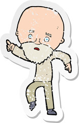 retro distressed sticker of a cartoon worried old man pointing