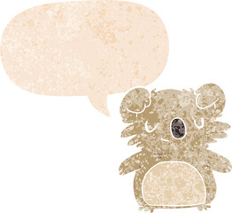 cartoon koala and speech bubble in retro textured style